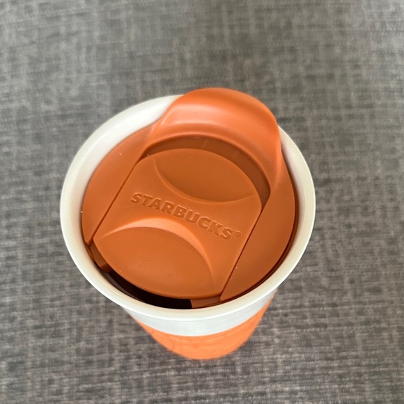 Rare 2013 Starbucks Coffee Mug Ceramic travel mug with orange silicone wrap - Picture 2 of 5